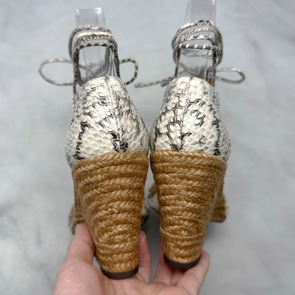 NEW Jimmy Choo Deva 85 Snakeskin Leather Tasseled Ankle Tie Wedge Sandal Heels